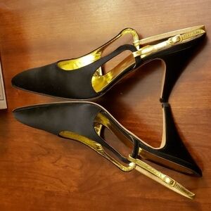 Silvia Florentina Silvia 8N Black & Gold Leather & Satin Sling Back EUC inBx